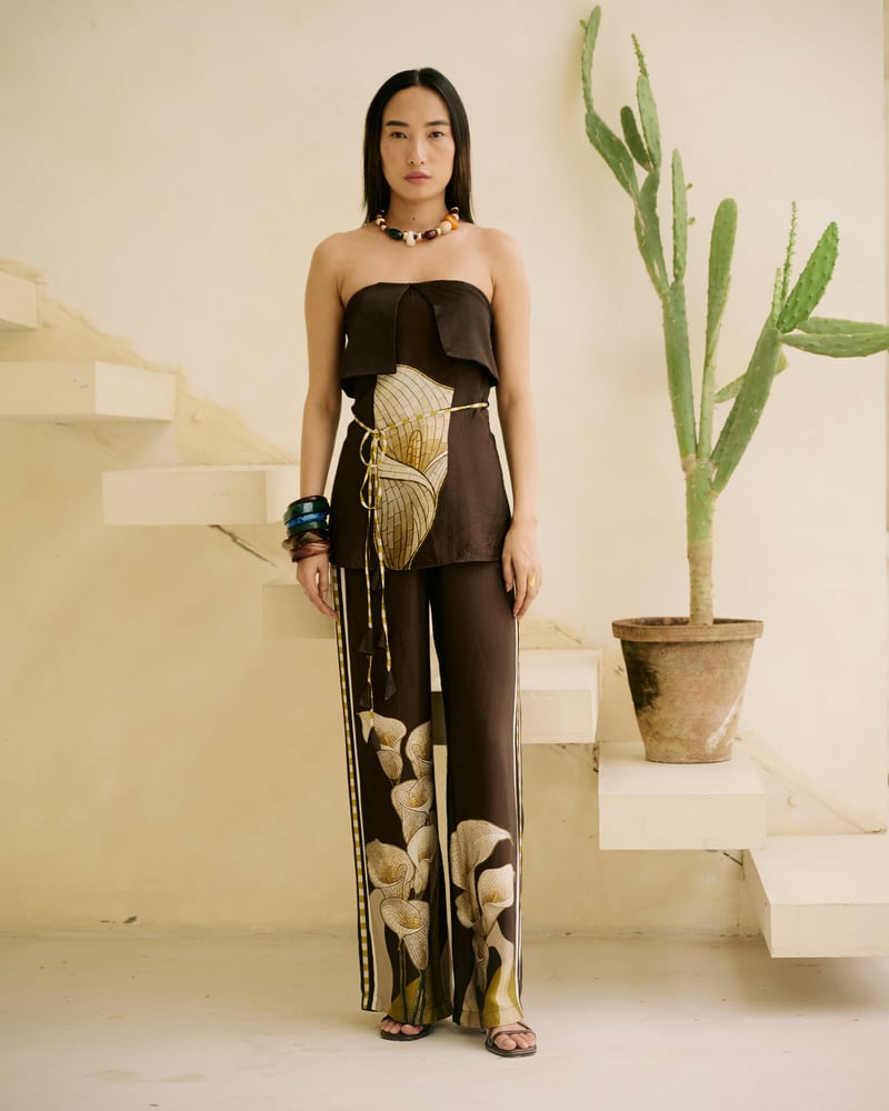 Brown Modal Satin Printed Bandeau Tube Top with Tie Belt