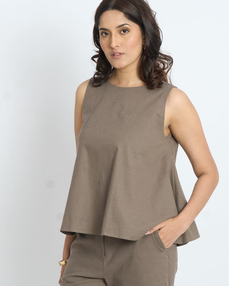 Taupe Sleeveless A-Line Cotton Top with Back Buttons