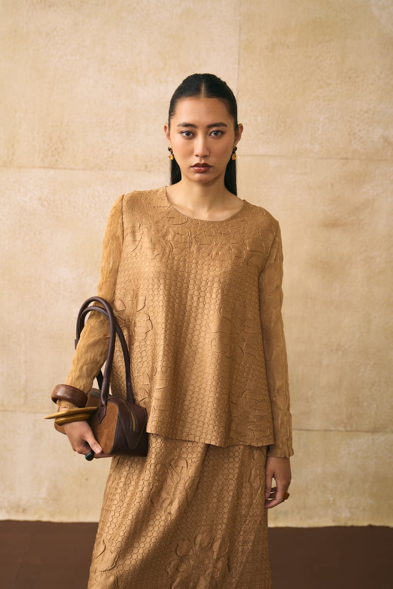 Mustard Textured Jacquard Top and Midi Skirt Co-ord Set
