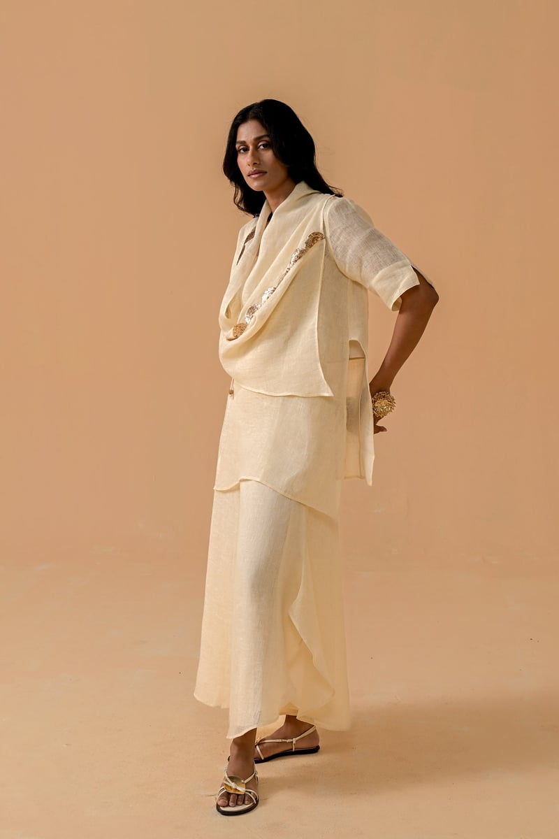 Cream Gauze Linen Cape and Palazzo Co-ord Set