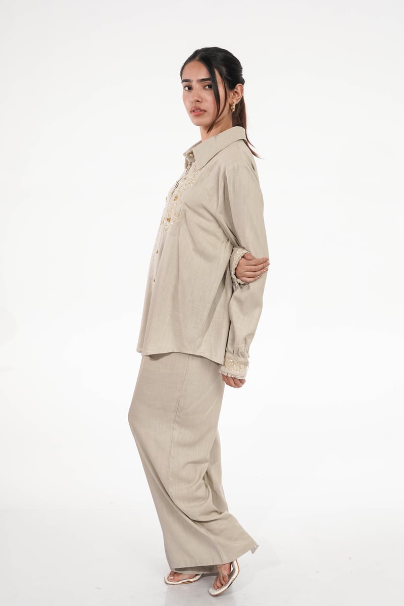 Beige Embroidered Shirt and Wide-Leg Pants Co-ord Set