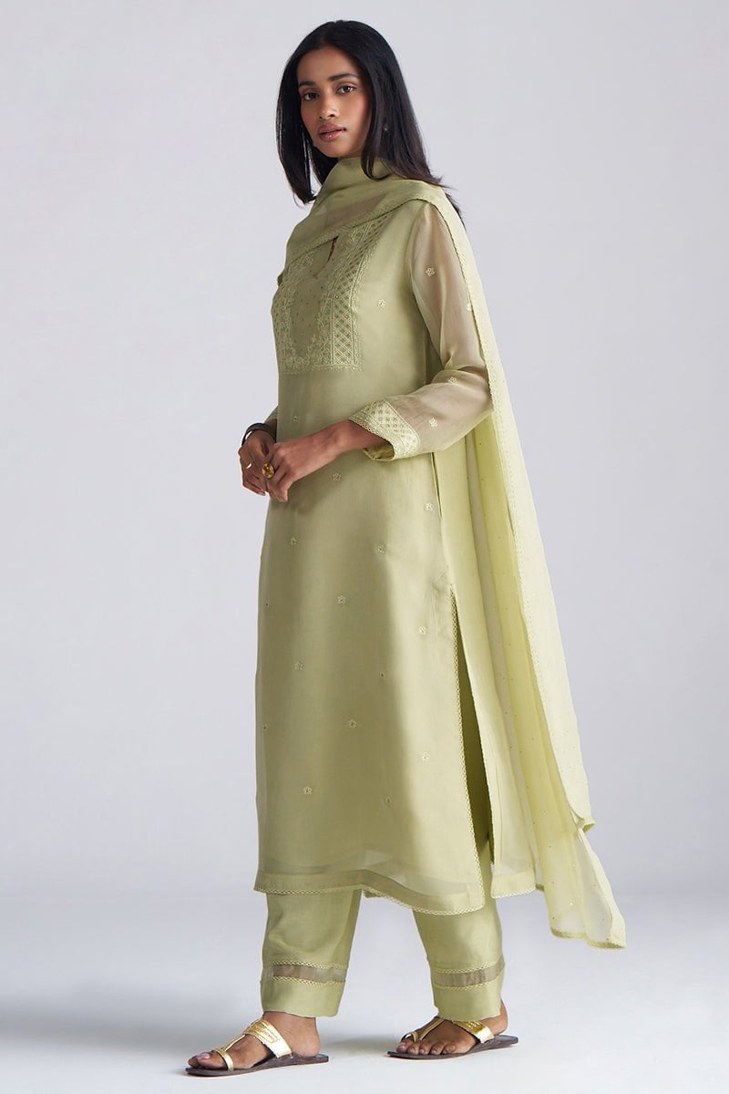 Pista Milk Sheer Kora Silk Embroidered Kurta Set