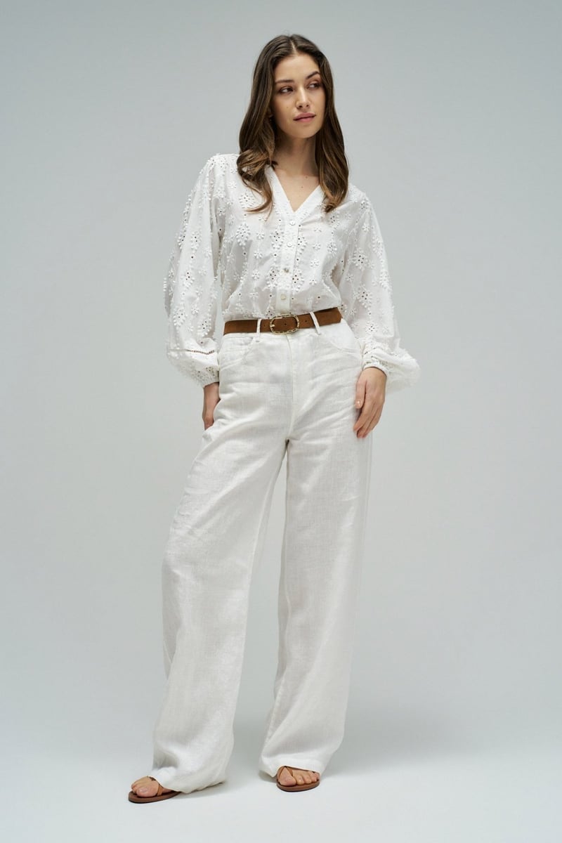 White Cutwork Embroidered V-Neck Blouse with Puff Sleeves