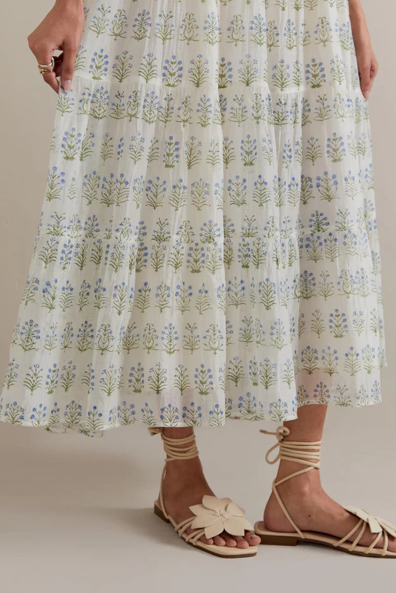 Blue/Green Floral Printed Tiered Kurta Set with Slip