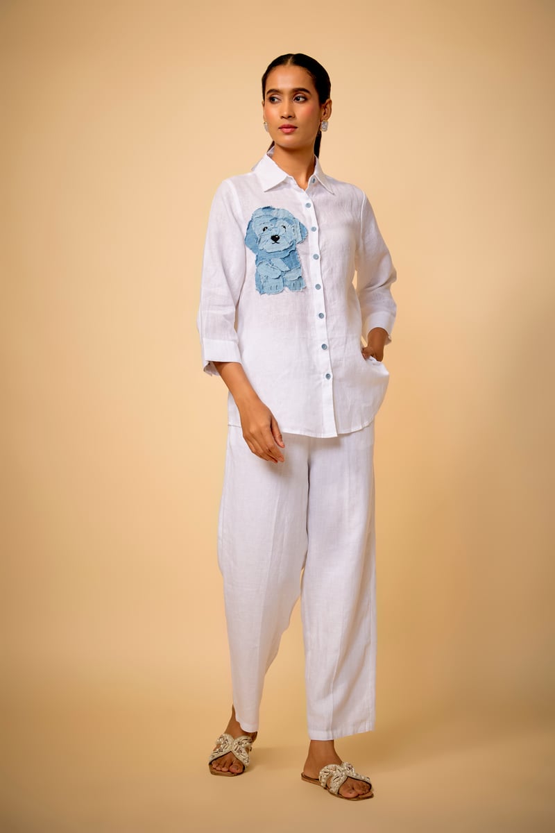 White Linen Relaxed-Fit Shirt with Chest Applique