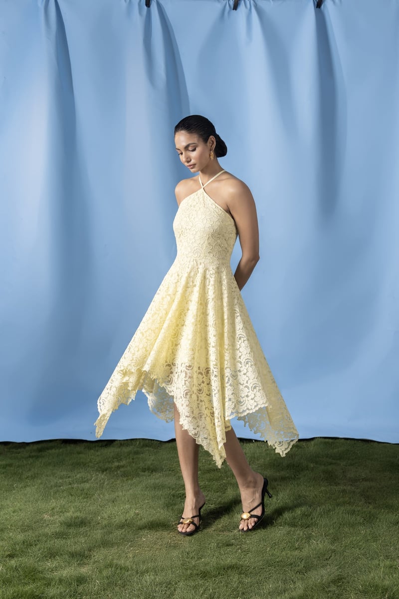 Butter Yellow Lace Halter Midi Dress with Asymmetrical Hem
