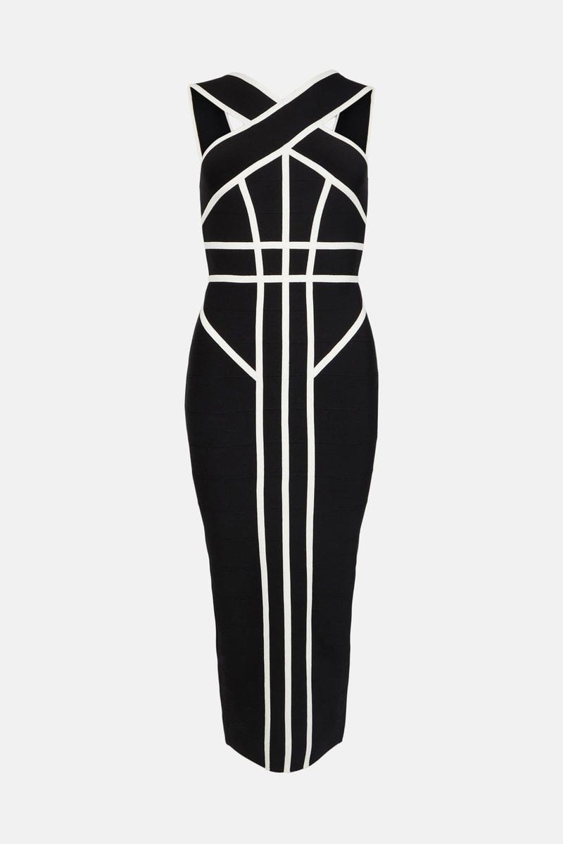 Mono Bandage Knit Bodycon Midi Dress with Contrast Lines