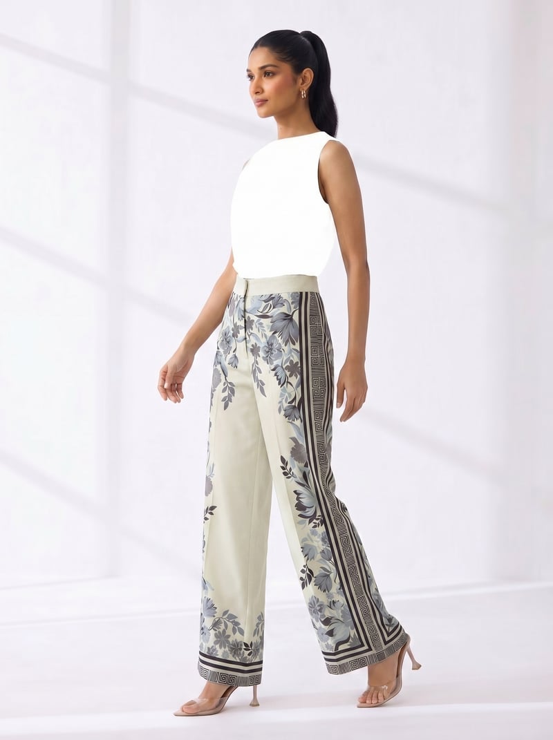 Multi Floral Border Print Wide-Leg Trousers