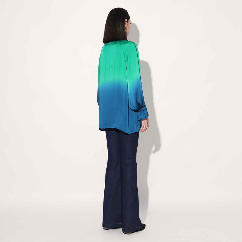 Blue/Green Ombre Viscose Satin Tie-Up Neck Longline Top