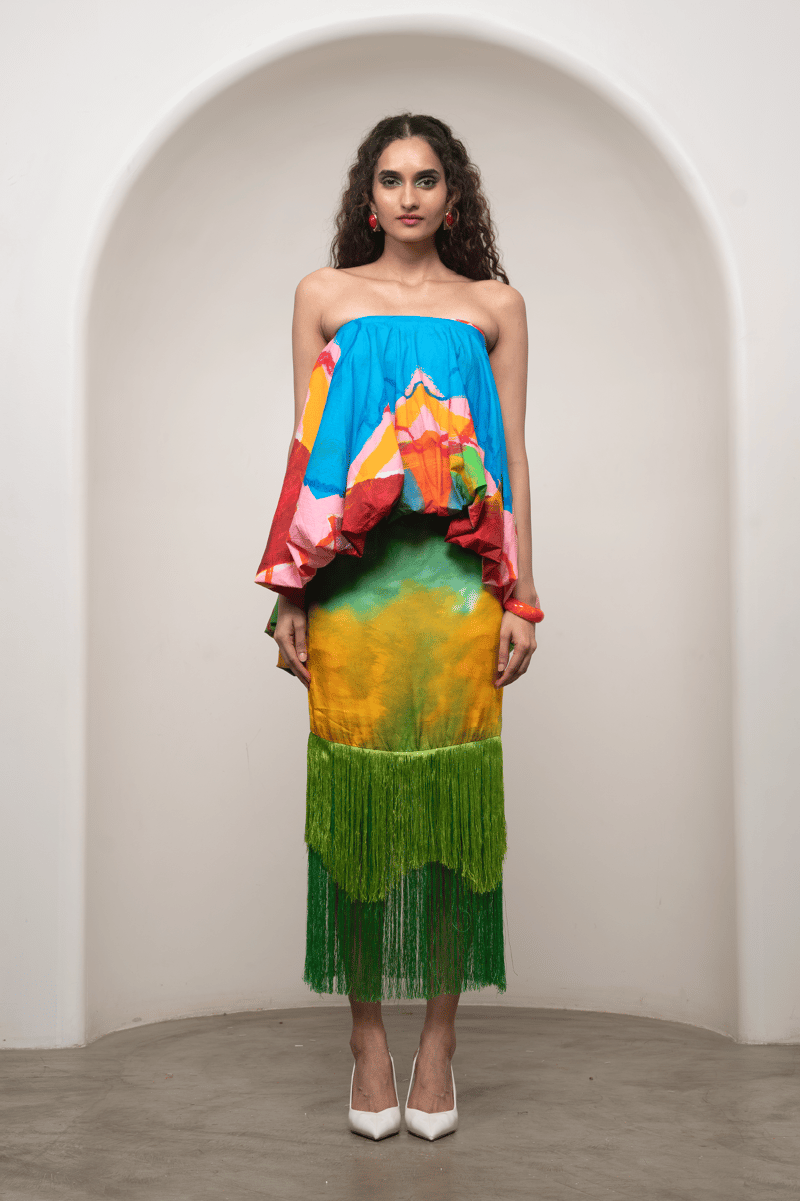 Multicolor Off-Shoulder Bubble Top and Midi Skirt Co-ord Set — ADVAIT