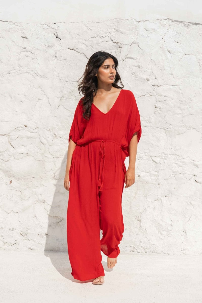 Red Kaftan-Style V-Neck Wide-Leg Jumpsuit