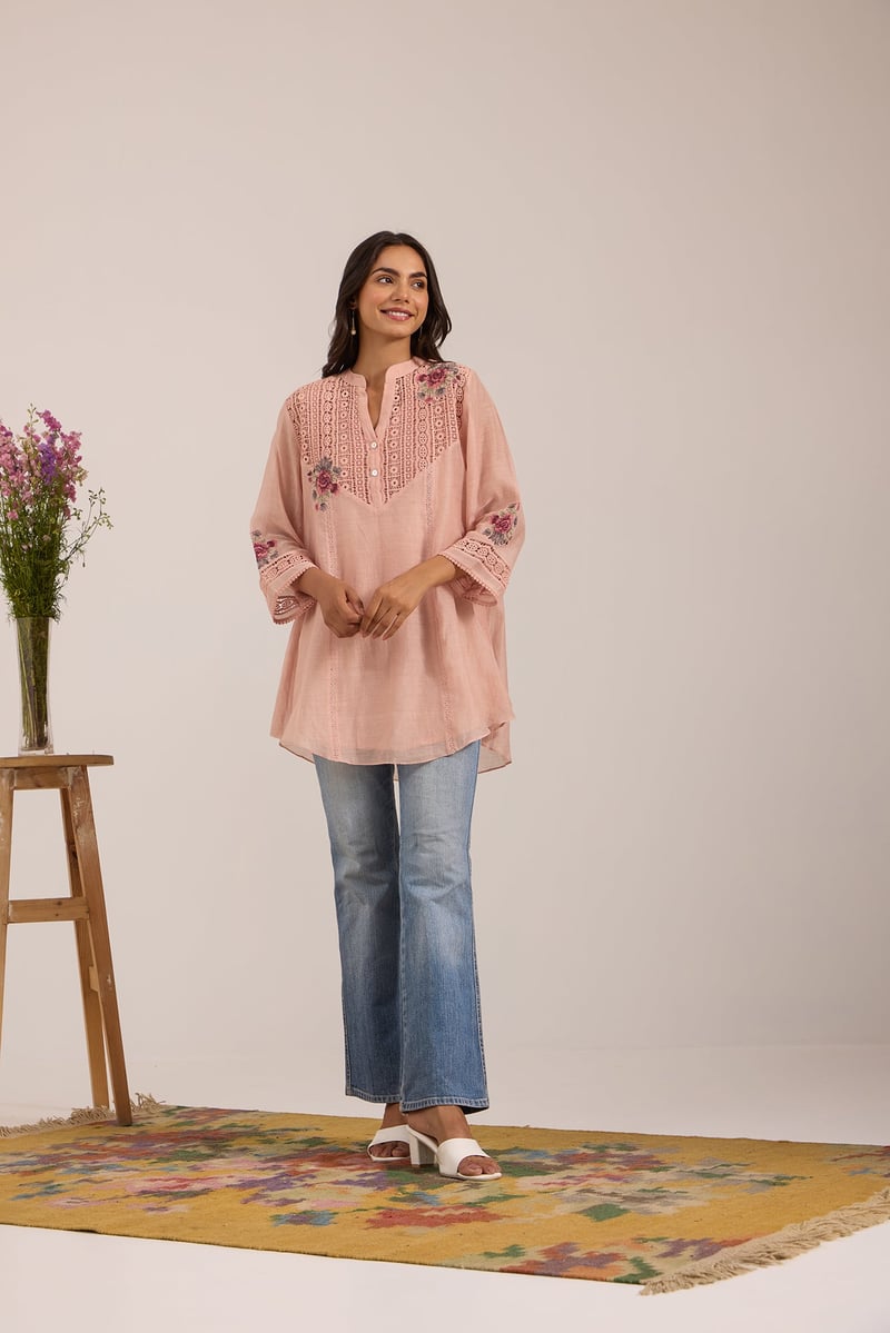 Pink Mul Chanderi Tunic and Straight Pant Co-ord Set