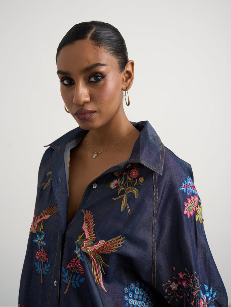 Blue Denim Embroidered Shirt and Wide-Leg Pants Co-ord Set