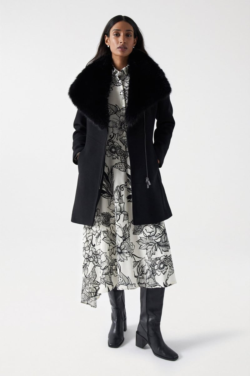 Black Wool-Blend Tailored Coat with Detachable Fur Collar
