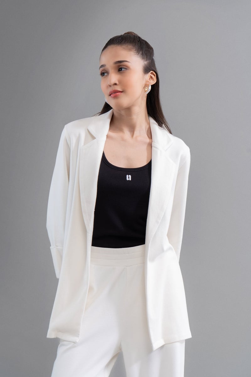 Ivory Interlock Knit Blazer with Lapel Collar