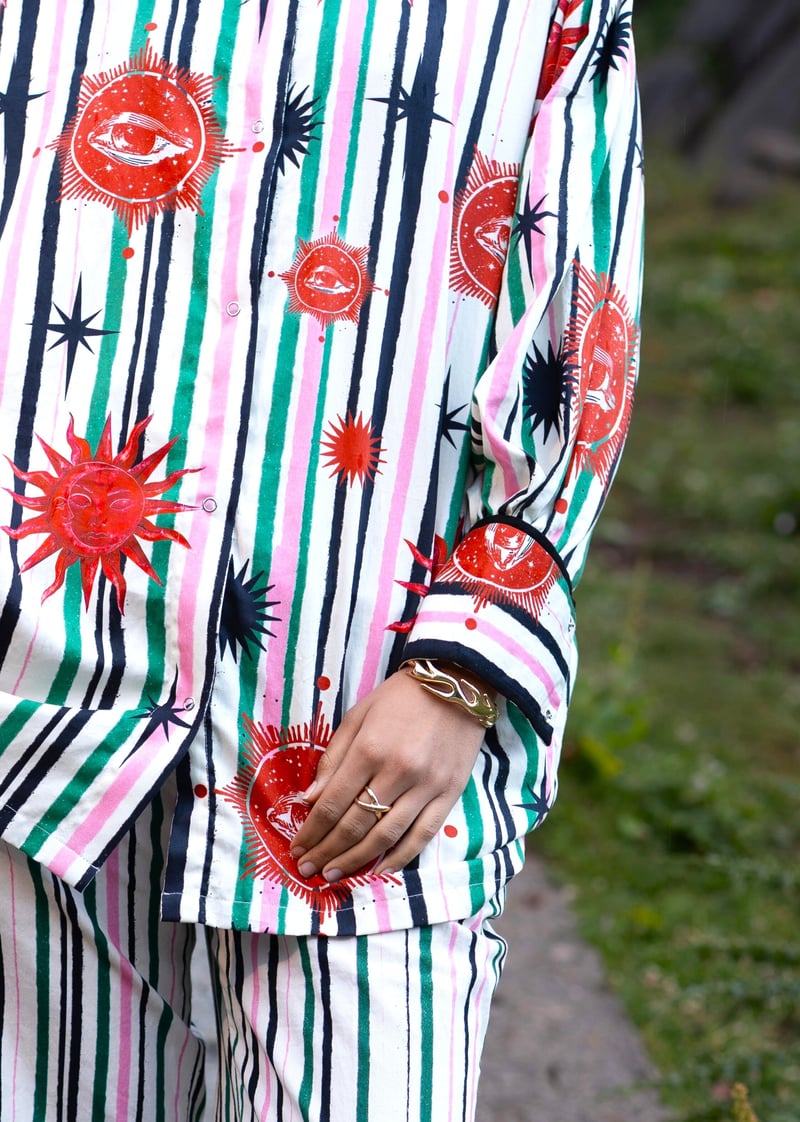 White and Green Striped Celestial Print Button-Down Shirt