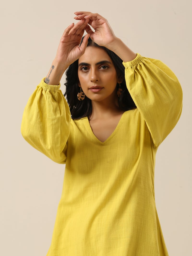 Lime Green Slub Textured Co-ord Set with V-Neck Top