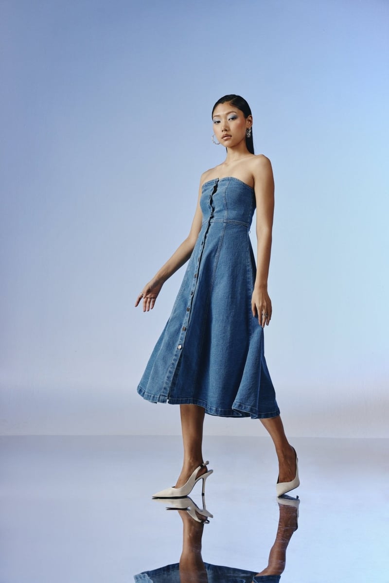 Deep Blue Wash Strapless Denim Fit and Flare Midi Dress