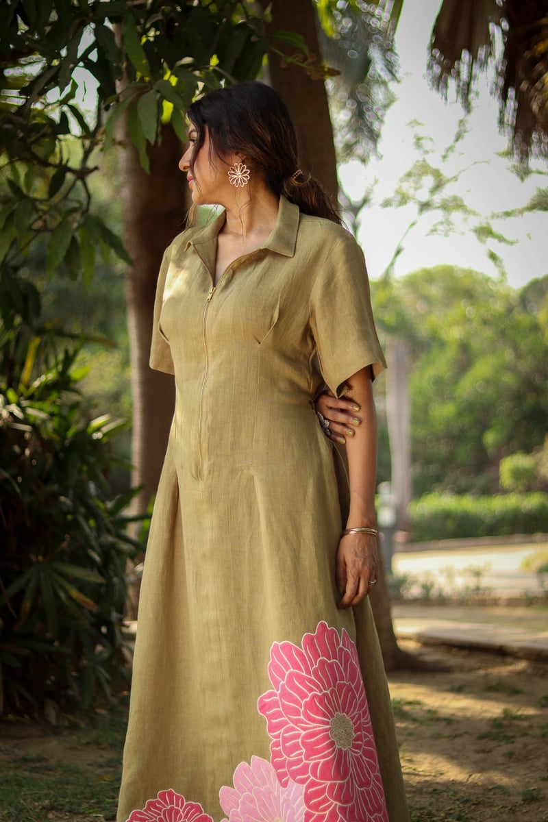 Olive Linen Zip-Front Maxi Dress with Floral Hem