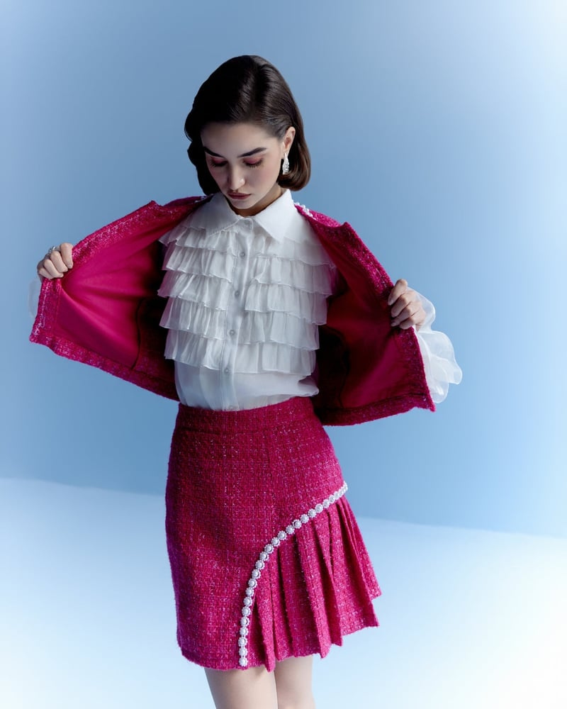 White Organza Tiered Frill Button-Down Shirt