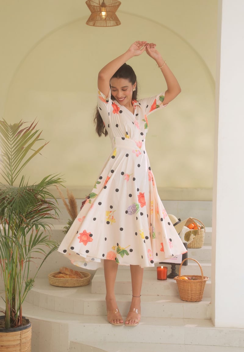 White/Multicolor Collared Fit and Flare Midi Dress