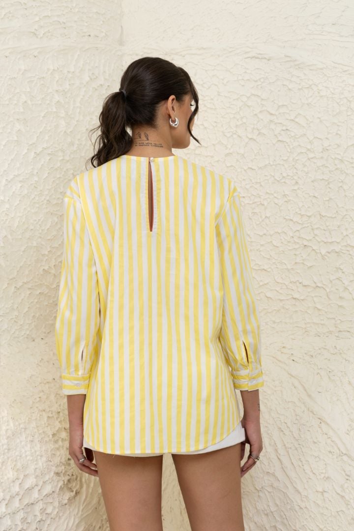 Yellow Striped Oversized Cotton Shirt with Crochet Bib