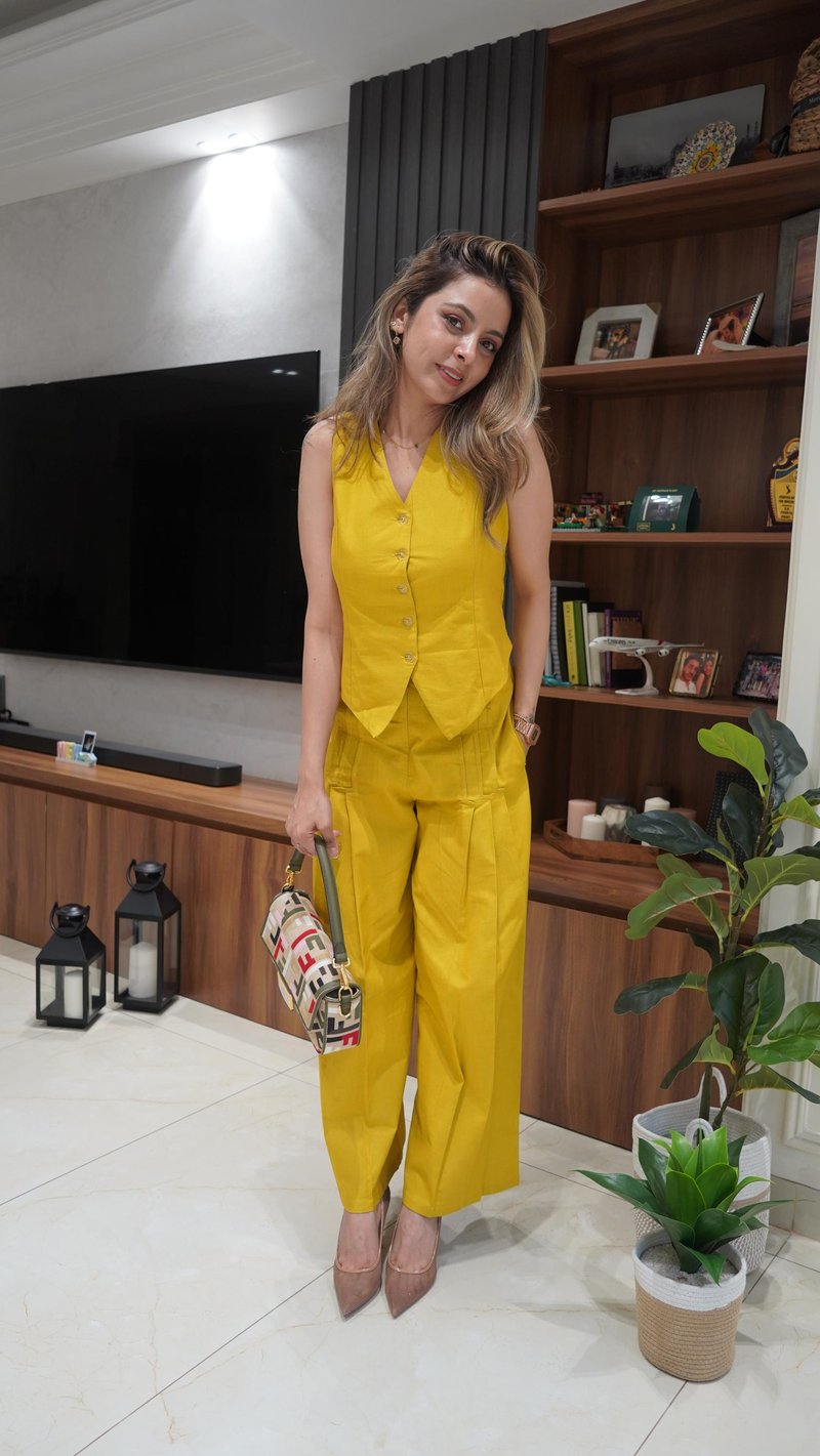 Mustard Waistcoat and Wide-Leg Pants Co-ord Set