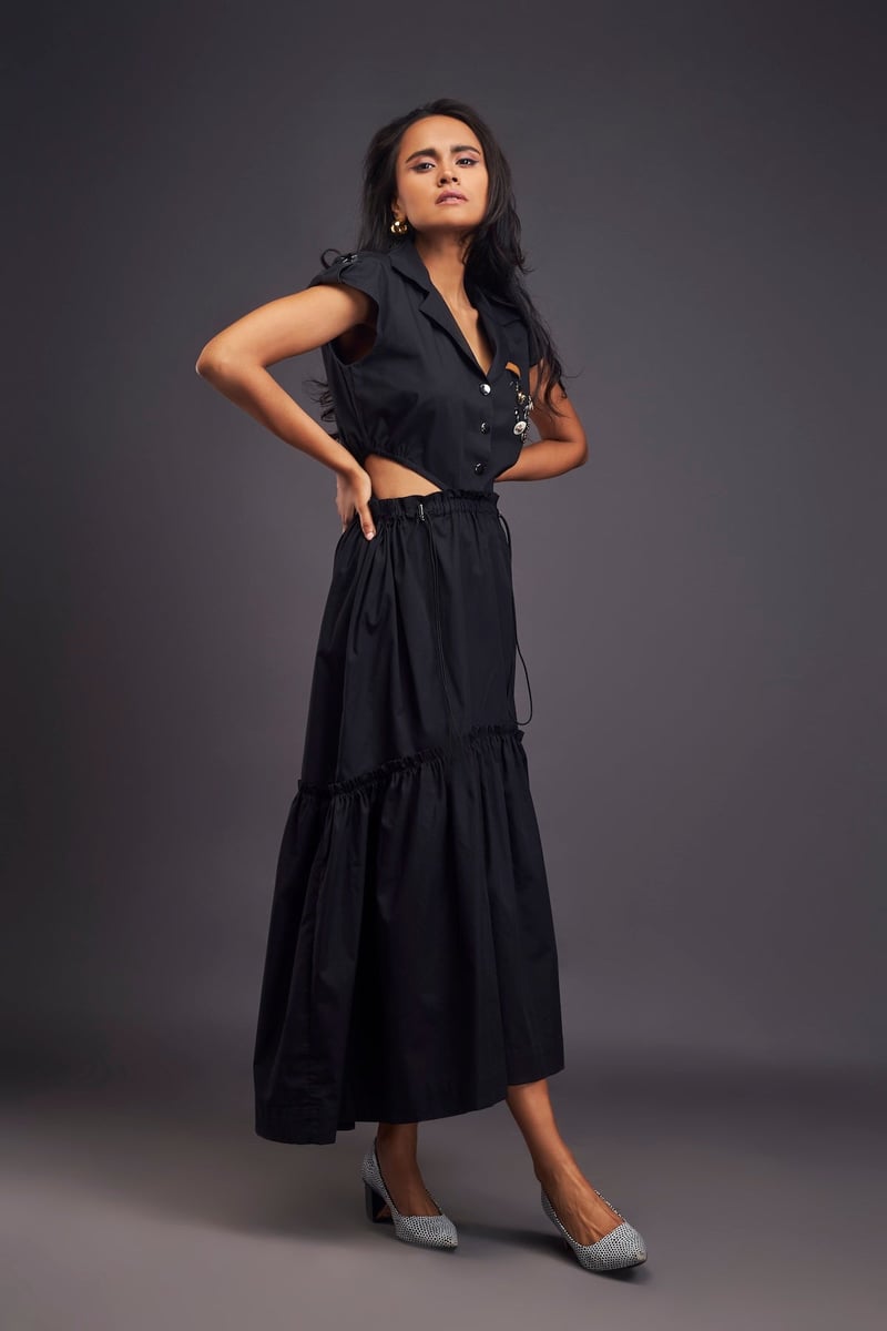Black Lapel Collar Midi Dress with Side Cutouts