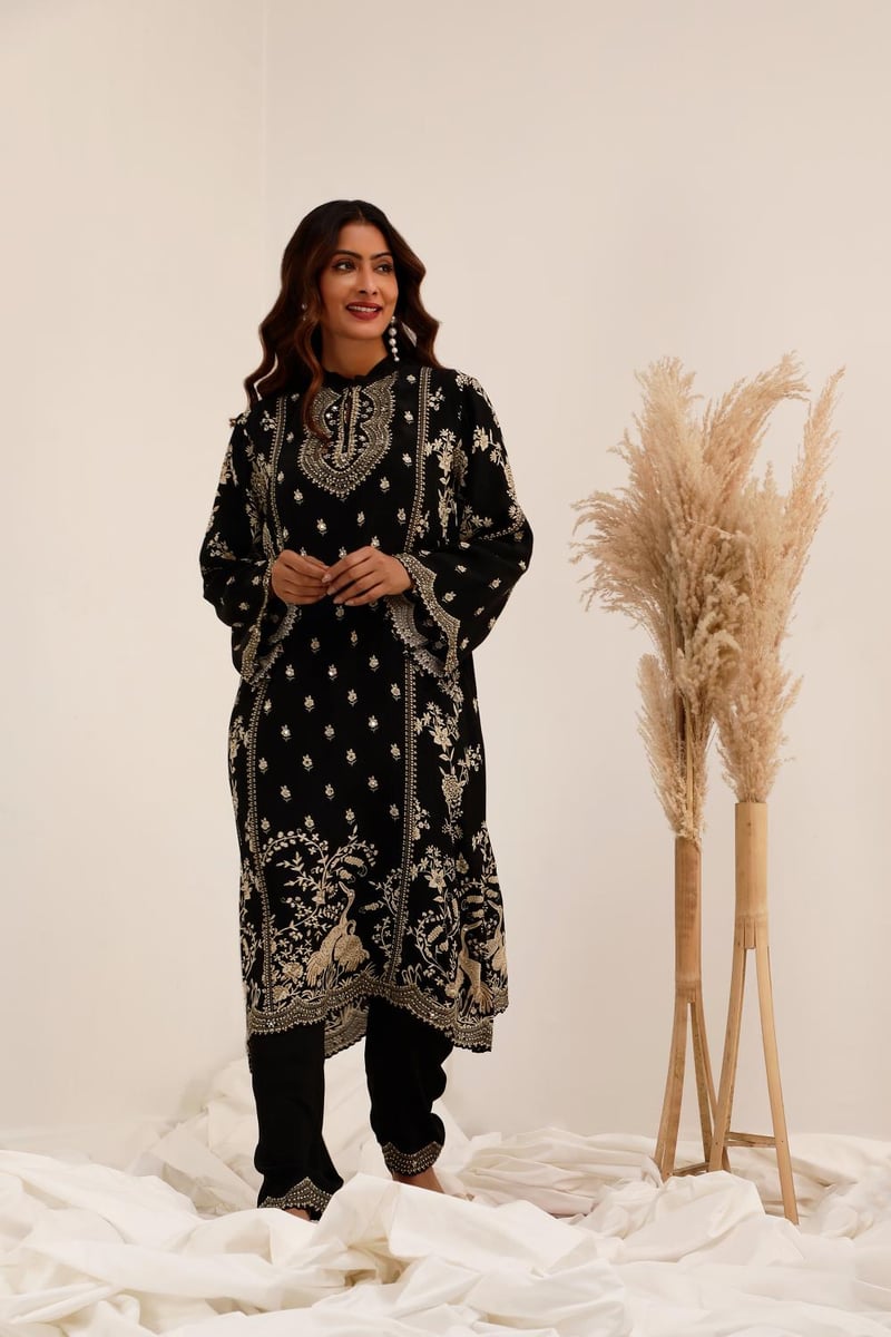 Black Crepe A-Line Kurta Set with Dhoti Pants