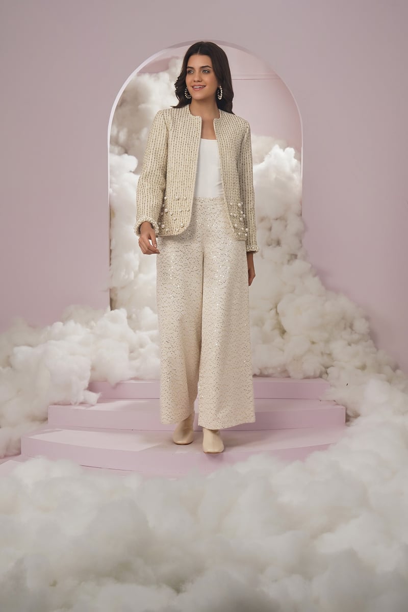 White Sequin Wide-Leg High-Rise Trousers
