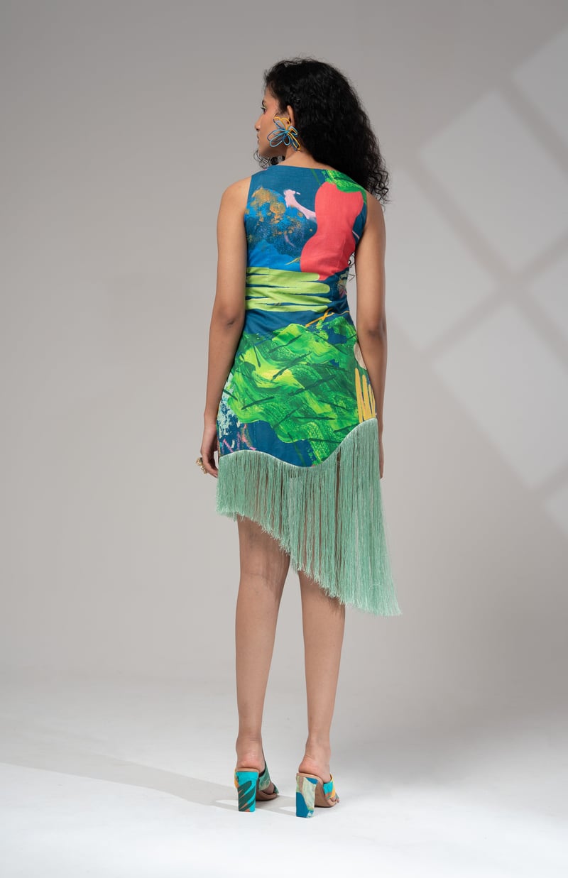 Multicolour Abstract Pleated Fringe Hem Mini Dress