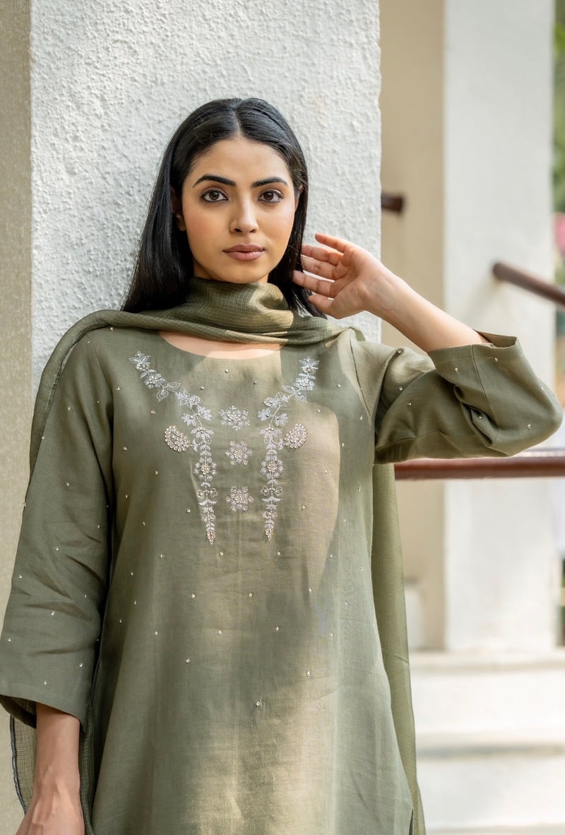 Olive Green Linen Straight Kurta Set with Dupatta
