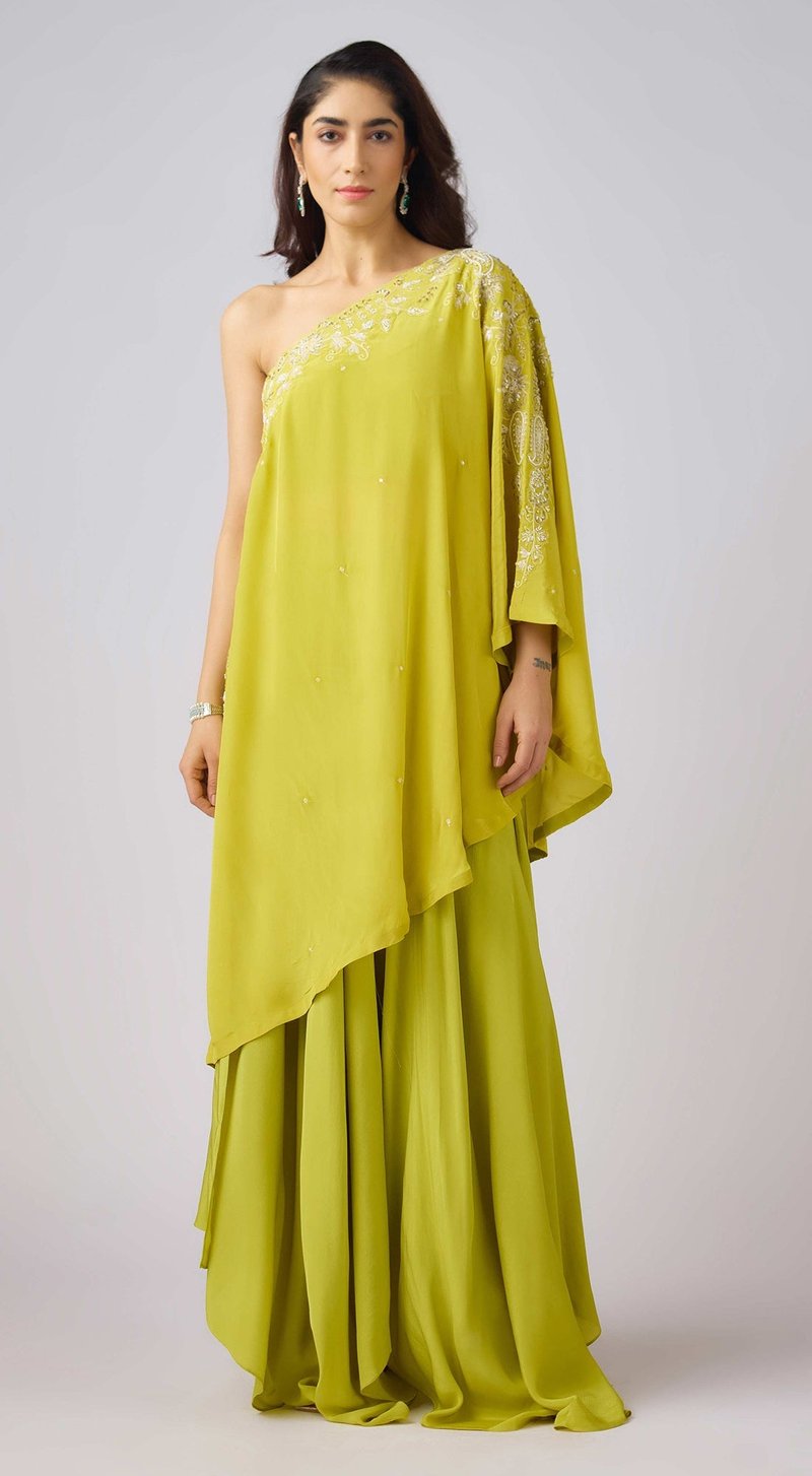 Lime One Shoulder Embroidered Co-Ord Set