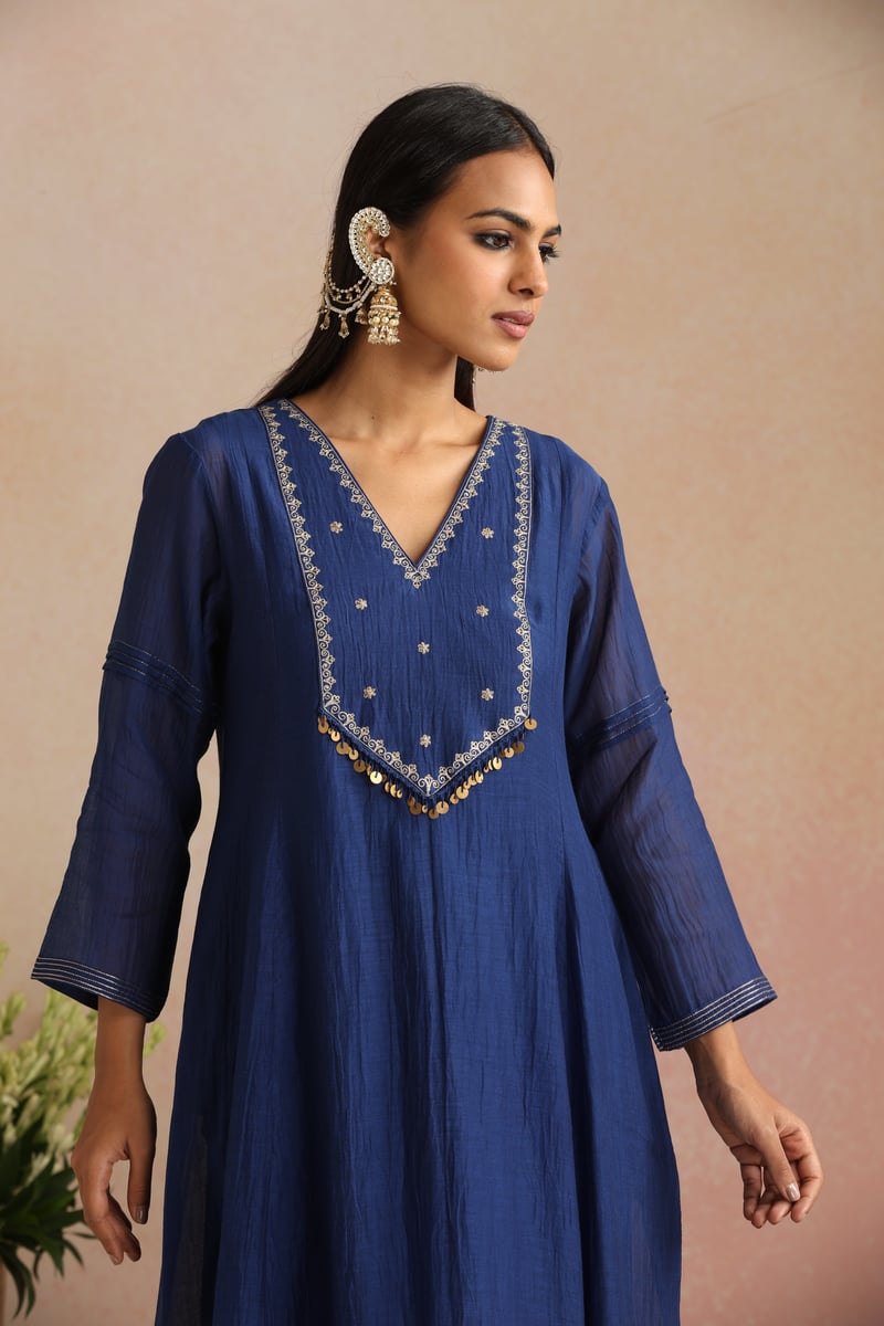 Royal Blue Silk Chanderi Embroidered Kurta Set