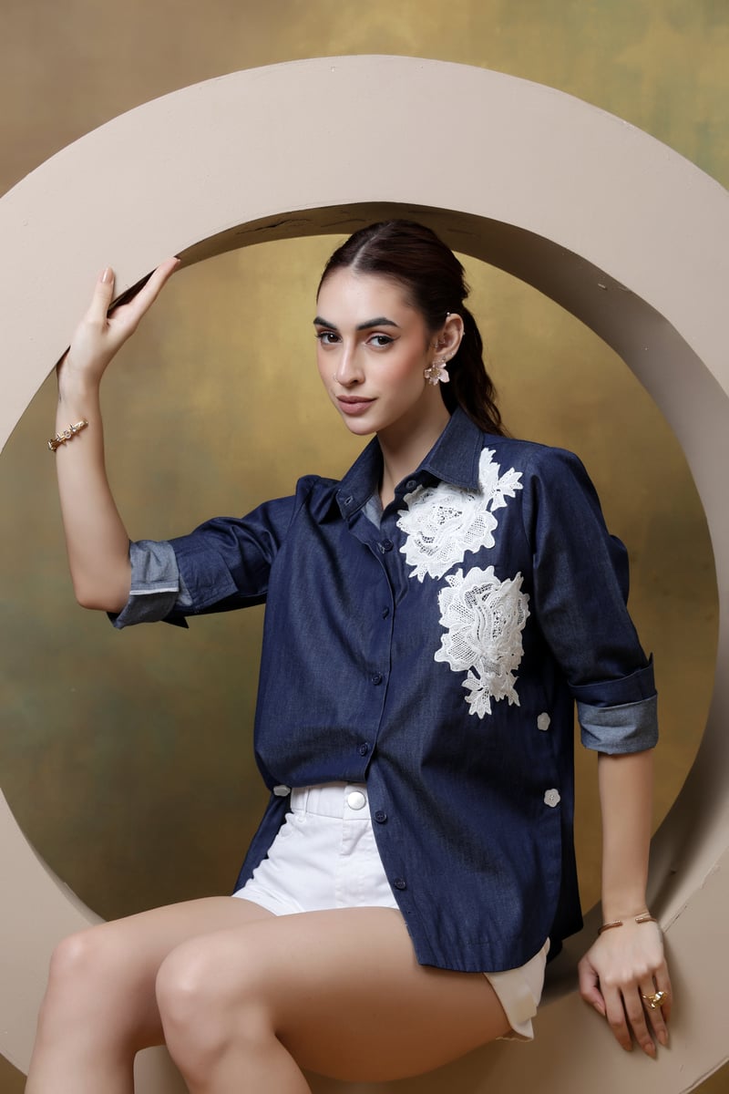 Dark Denim Shirt with White Lace Applique and High-Low Hem