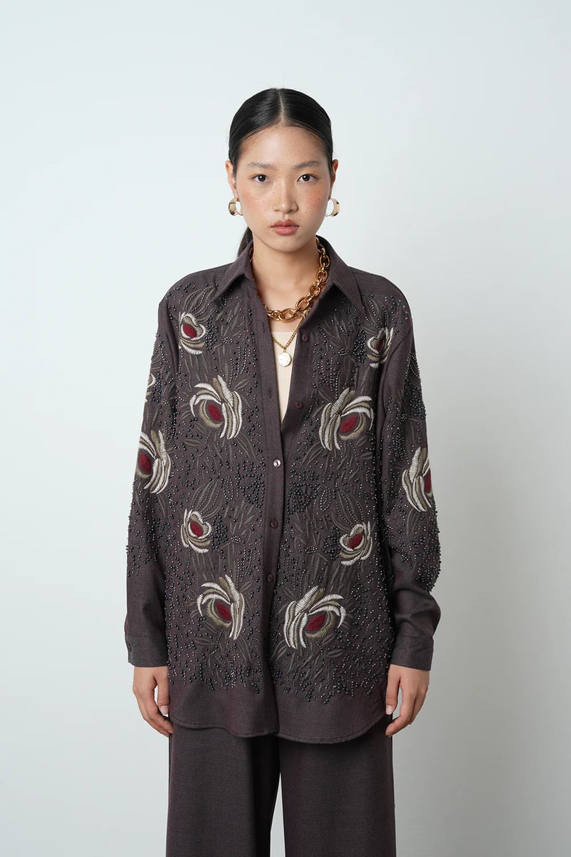Brown Embroidered & Beaded Longline Button-Up Shirt — THE LUXURY DRESSING