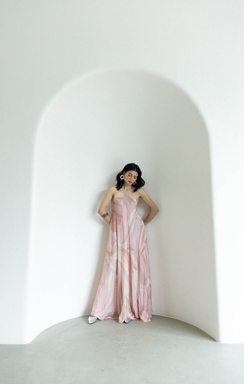 Pink Peach Abstract Printed Halter Maxi Dress