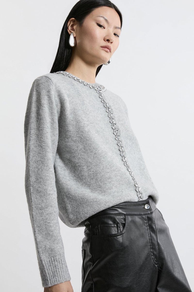 Grey Crystal-Trim Cosy Knit Cardigan