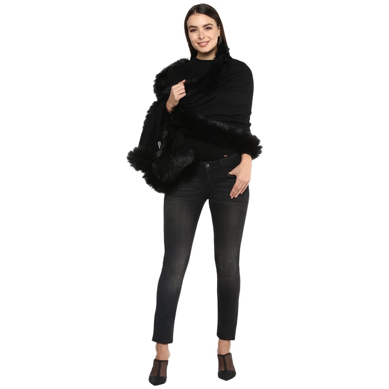 Black Wool Stole with Faux-Fur Trim