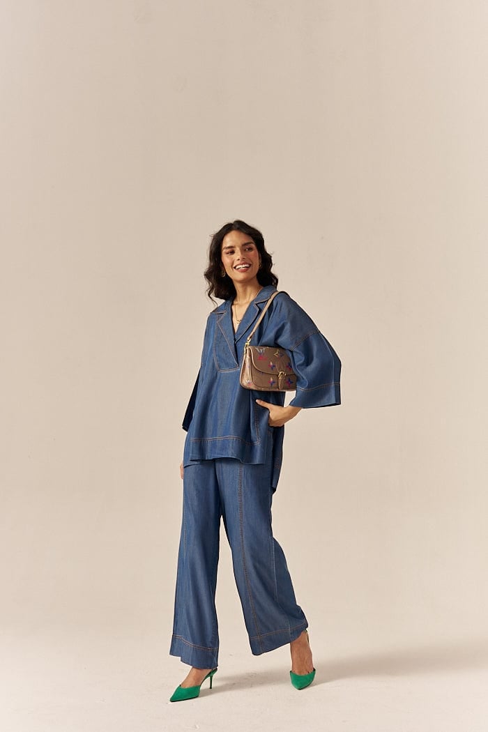 Blue Lapel Shirt and Flared Pants Co-ord Set
