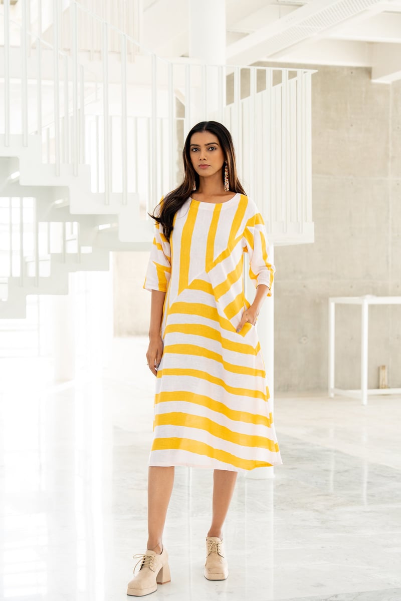 Yellow Striped Linen-Blend Midi Dress with Pockets