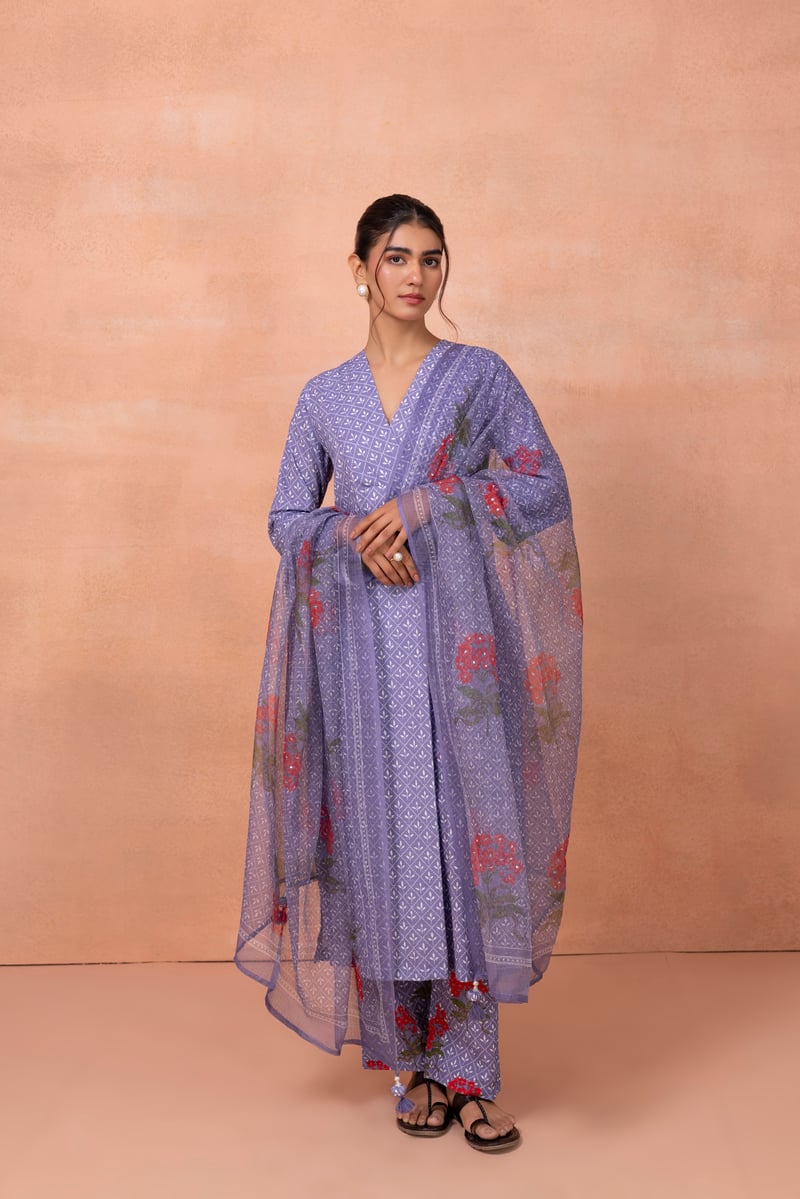 Purple Printed Cotton Kurta Set with Dupatta
