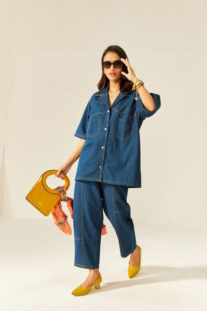 Dark Blue Denim Oversized Shirt and Pants Co-ord Set