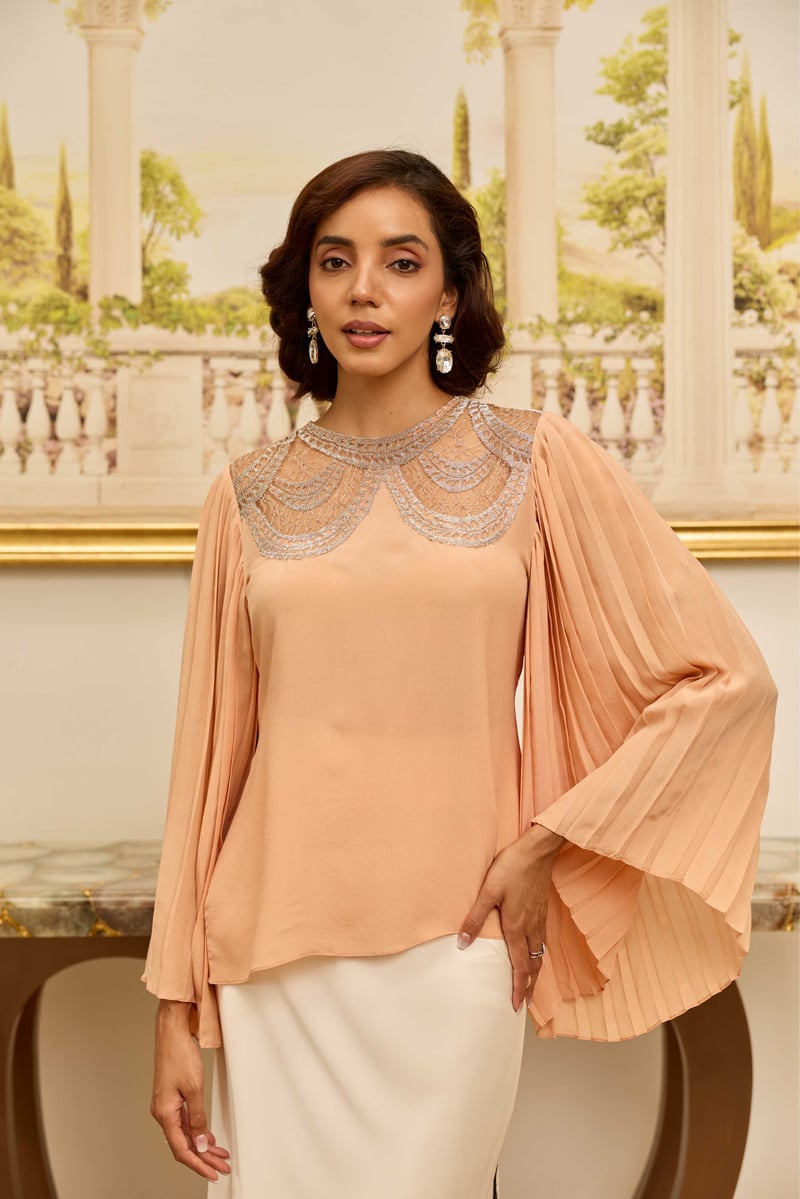 Grace Salmon Peach And Silver French Lace Crepe Top