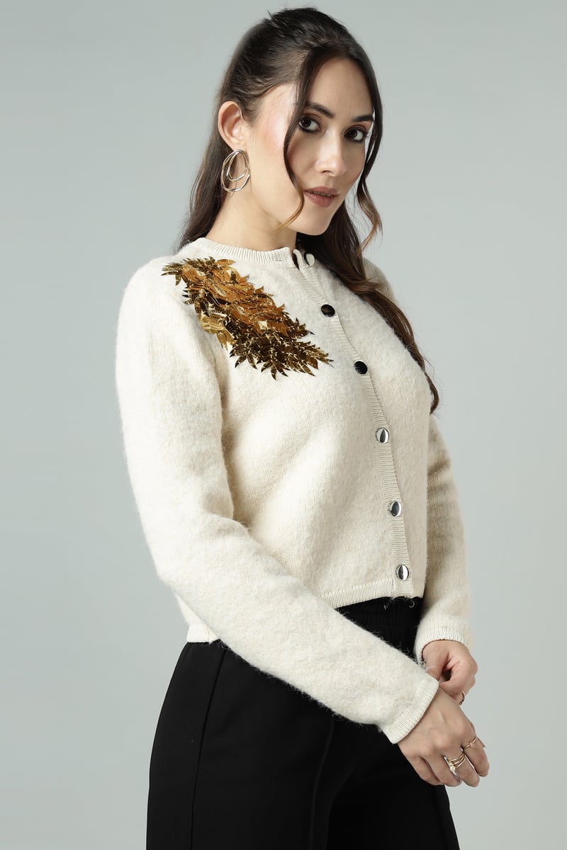 Off-White Cropped Knit Cardigan with Sequin Shoulder Detail