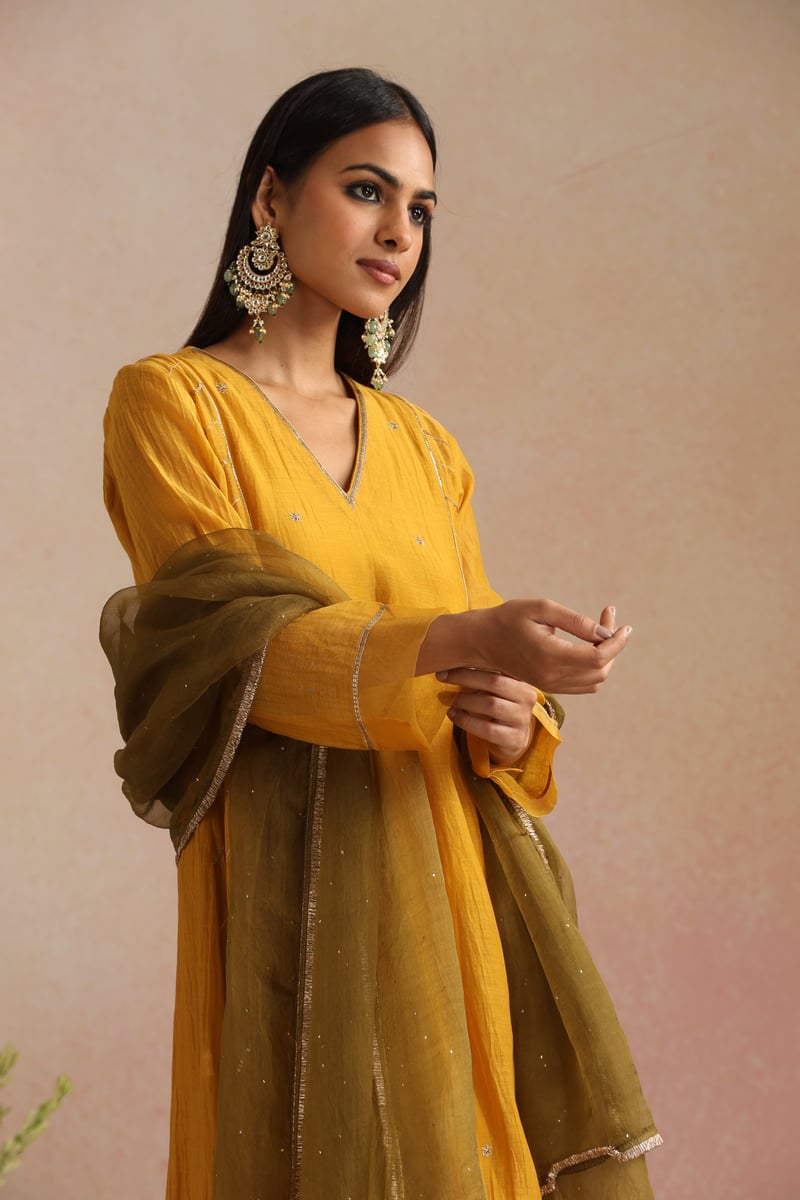Mustard Yellow Silk Chanderi A-Line Kurta Set