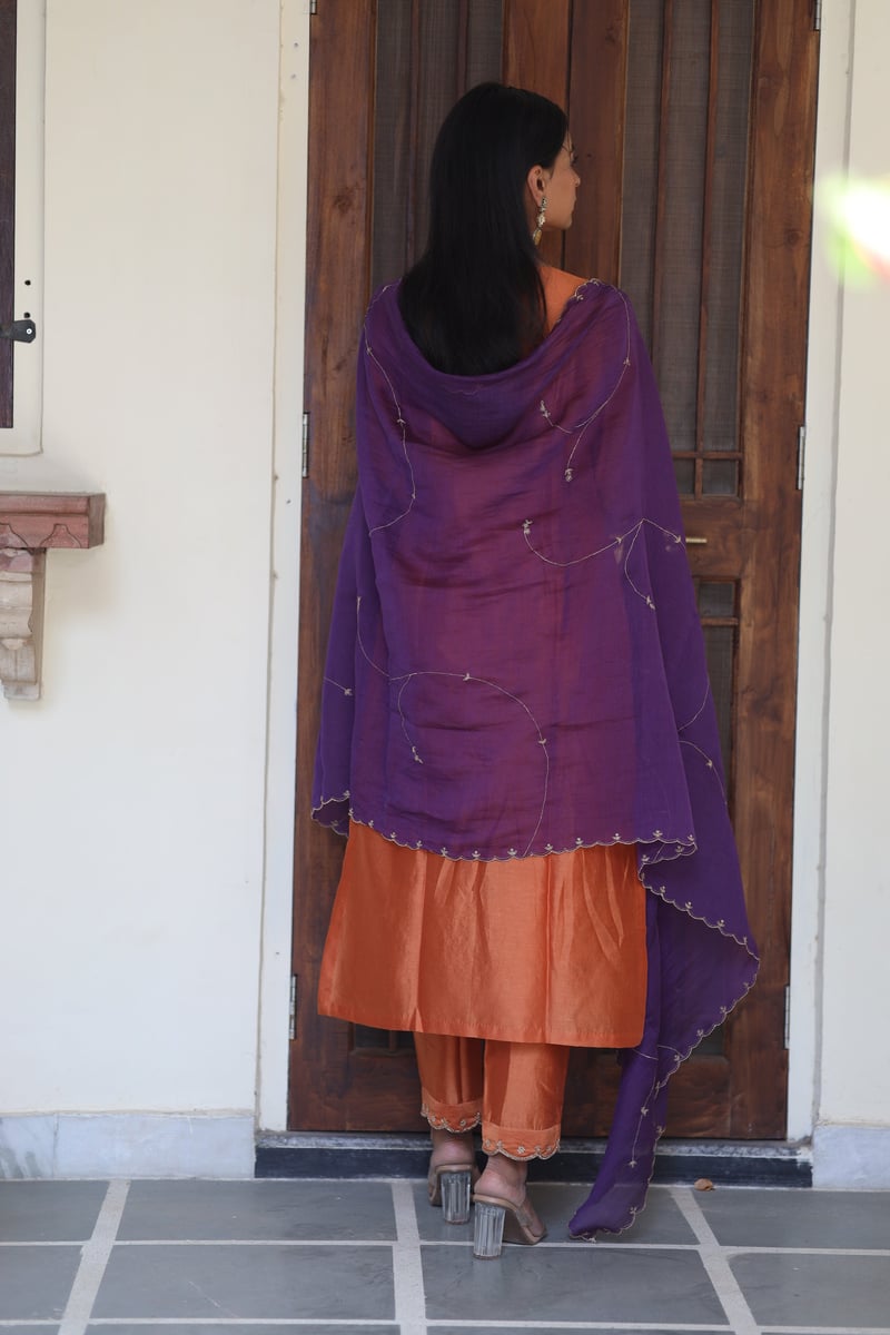 Rust Orange Zardozi Yoke Chanderi Silk Kurta Set