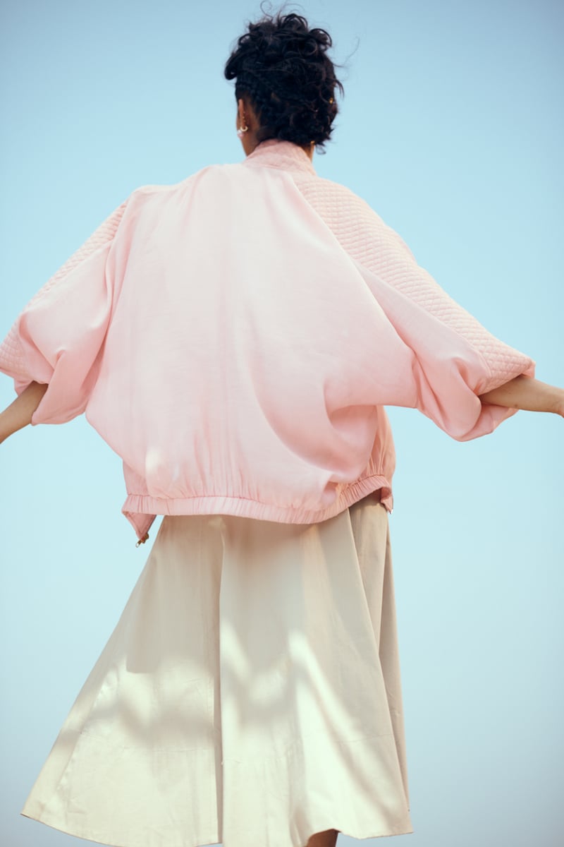 Blush Pink Sheer Bomber Jacket with Quilted Detail