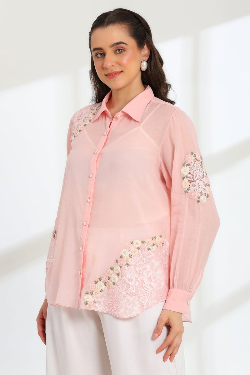 Blush Pink Sheer Mul Chanderi Shirt With Lace Detail