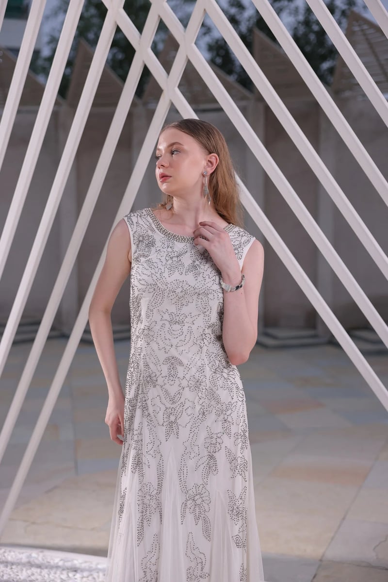 Ivory Beaded Floral Net Maxi Gown